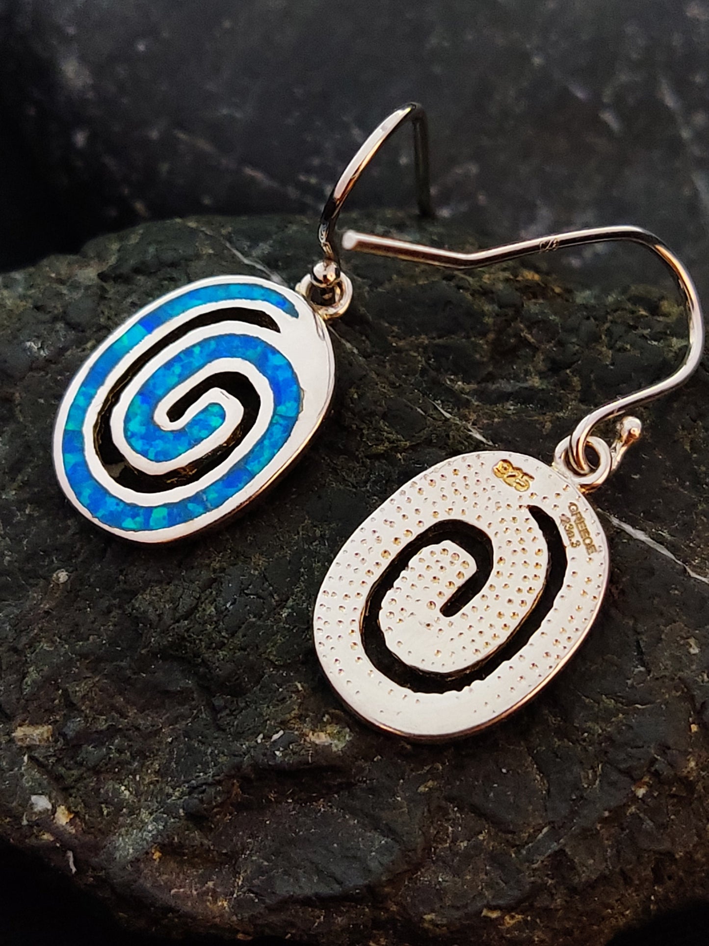Sterling Silver 925 Greek Circle Of Life Spiral Blue Opal Dangle Earrings 15x11mm, Griechischer Blau Opal Ohrringe, Bijoux Grecque