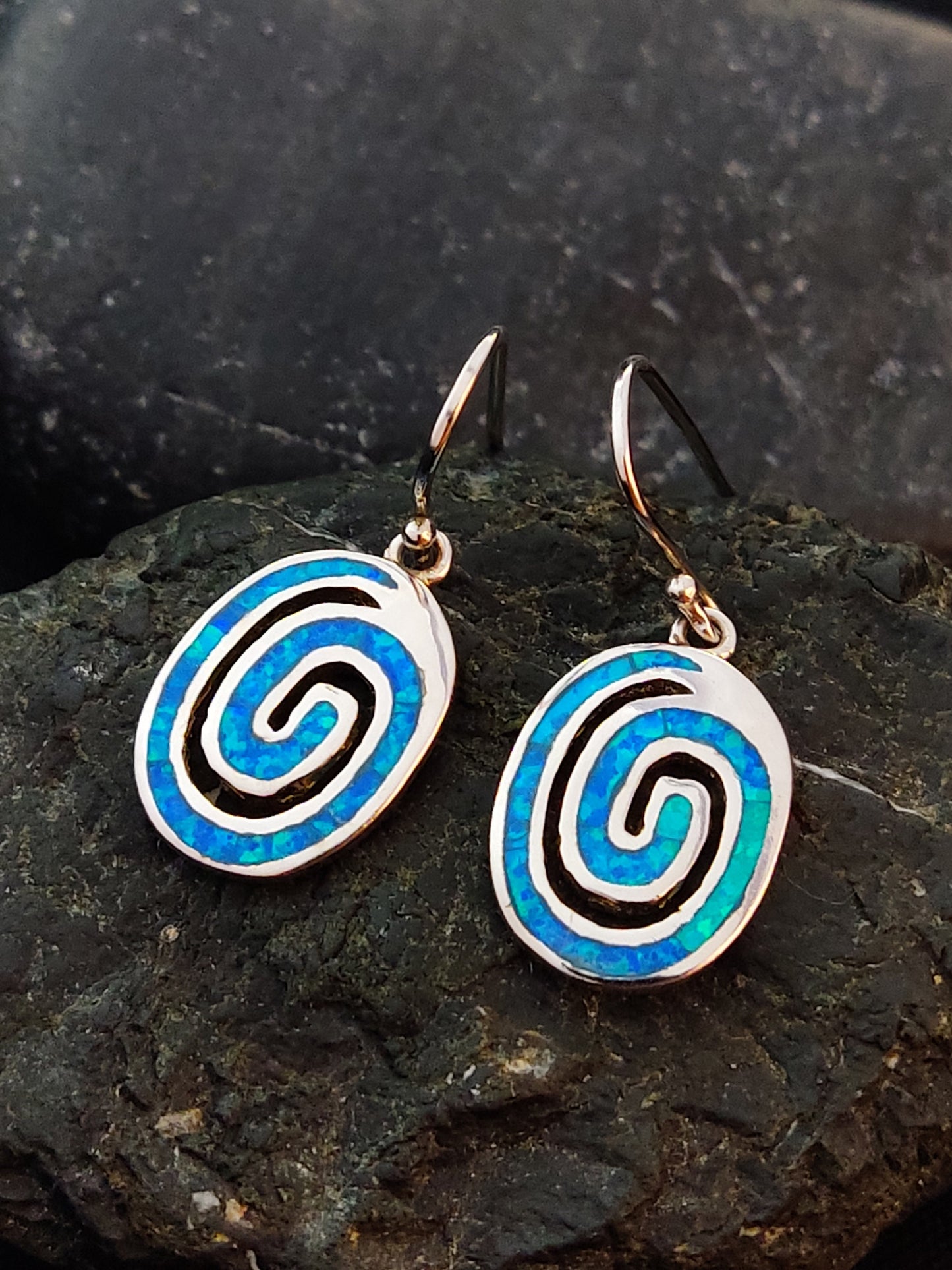 Sterling Silver 925 Greek Circle Of Life Spiral Blue Opal Dangle Earrings 15x11mm, Griechischer Blau Opal Ohrringe, Bijoux Grecque