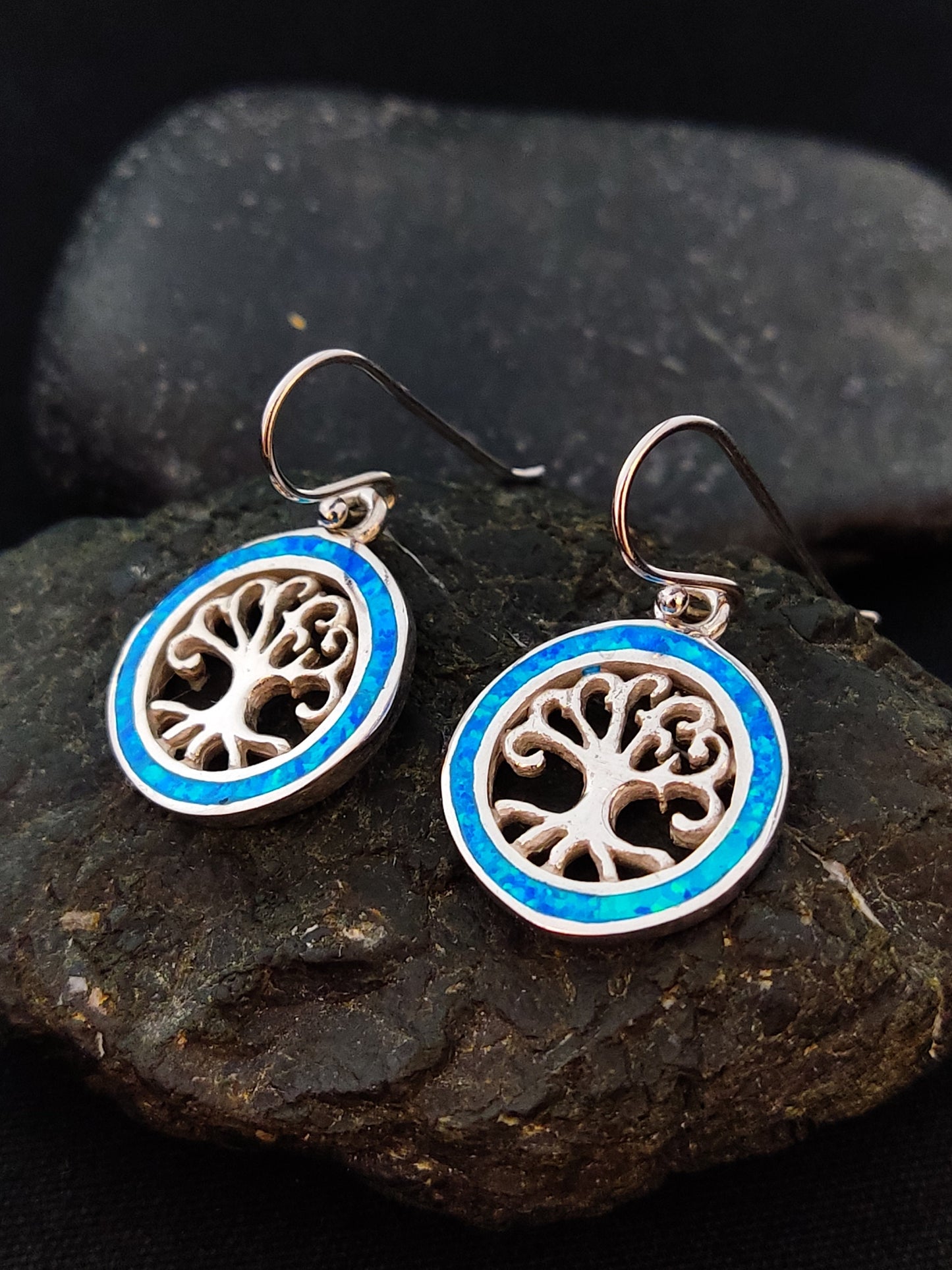 Sterling Silver 925 Fire Blue Opal Tree Of Life Dangle Earrings 16mm, Greek Opal Round Earrings, Greek Jewelry, Griechischer Opal Ohrringe