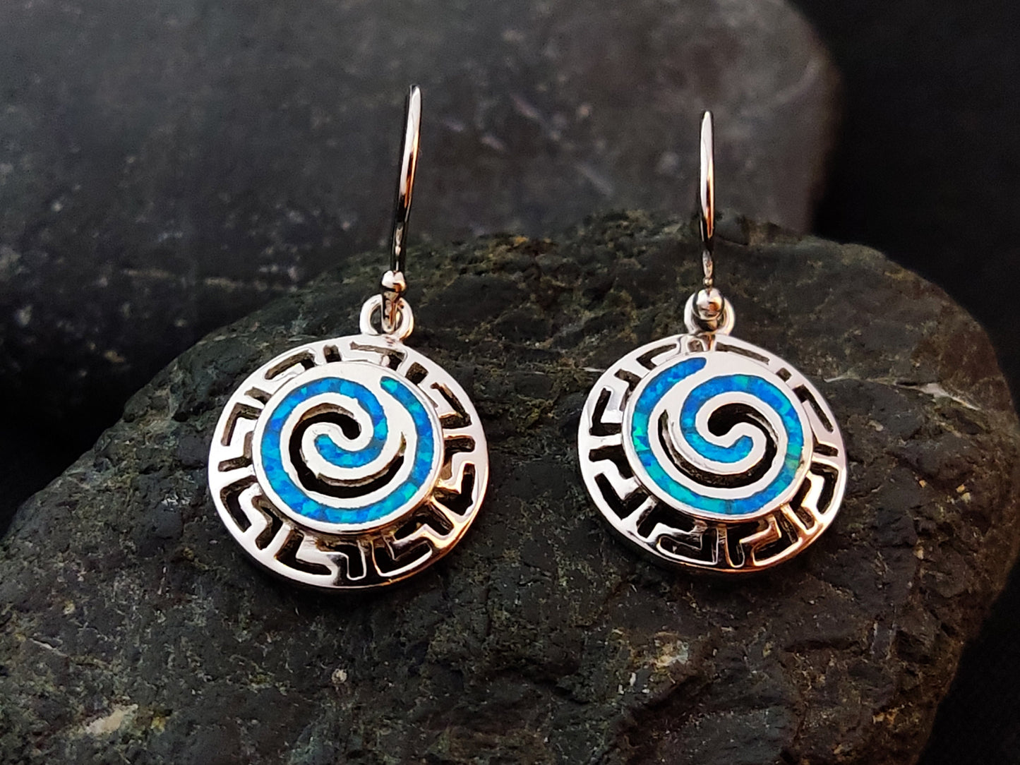 Sterling Silver 925 Greek Key Circle Of Life Spiral Meander Blue Opal Dangle Earrings 14mm, Griechischer Blau Opal Ohrringe, Bijoux Grecque