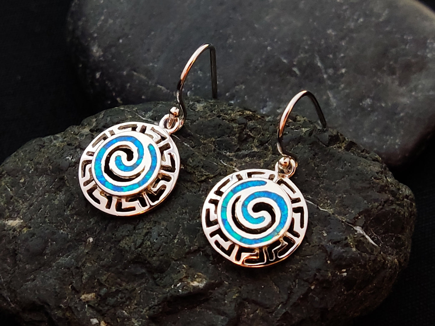 Sterling Silver 925 Greek Key Circle Of Life Spiral Meander Blue Opal Dangle Earrings 14mm, Griechischer Blau Opal Ohrringe, Bijoux Grecque