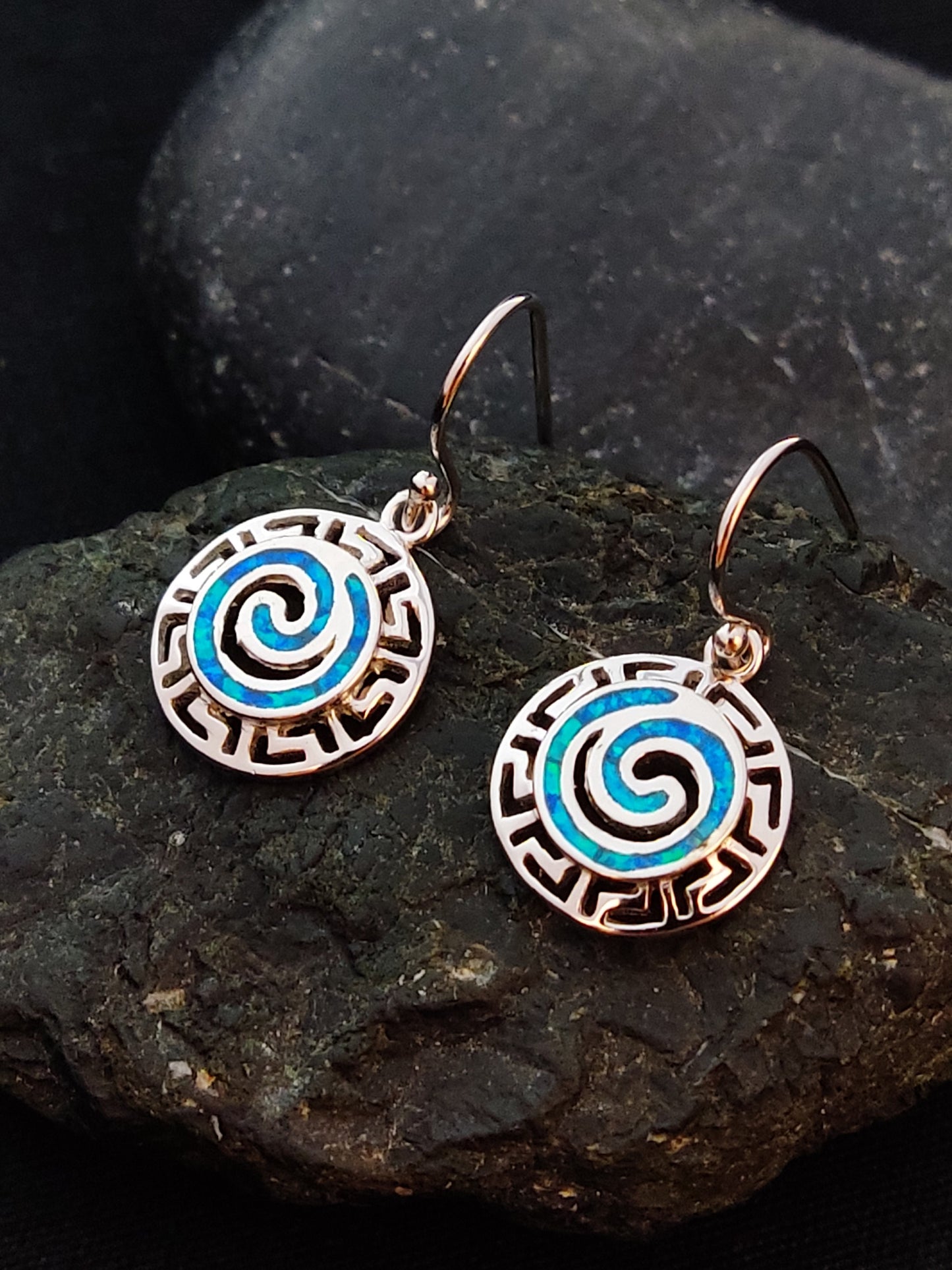 Sterling Silver 925 Greek Key Circle Of Life Spiral Meander Blue Opal Dangle Earrings 14mm, Griechischer Blau Opal Ohrringe, Bijoux Grecque