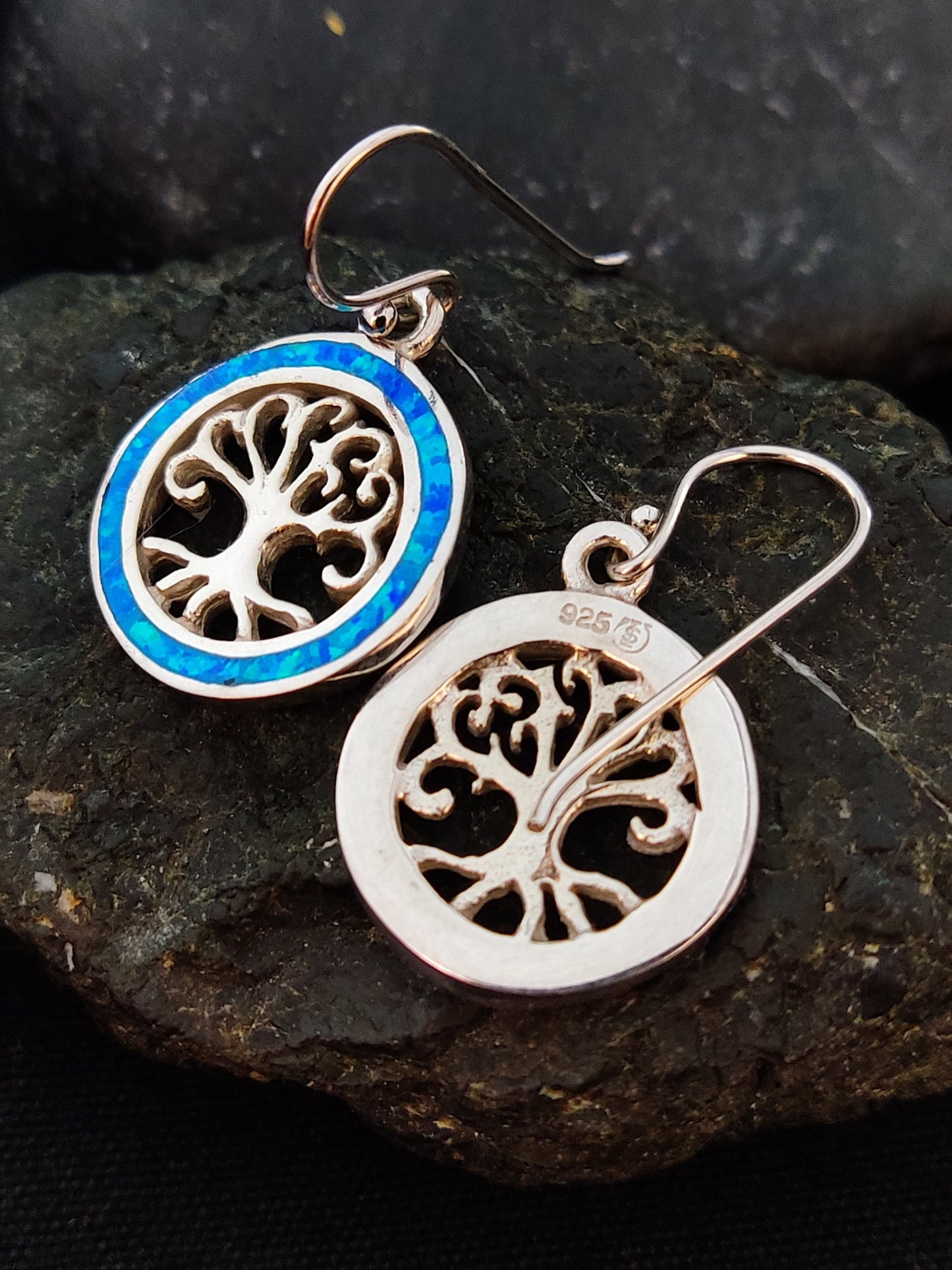 Sterling Silver 925 Fire Blue Opal Tree Of Life Dangle Earrings 16mm, Greek Opal Round Earrings, Greek Jewelry, Griechischer Opal Ohrringe