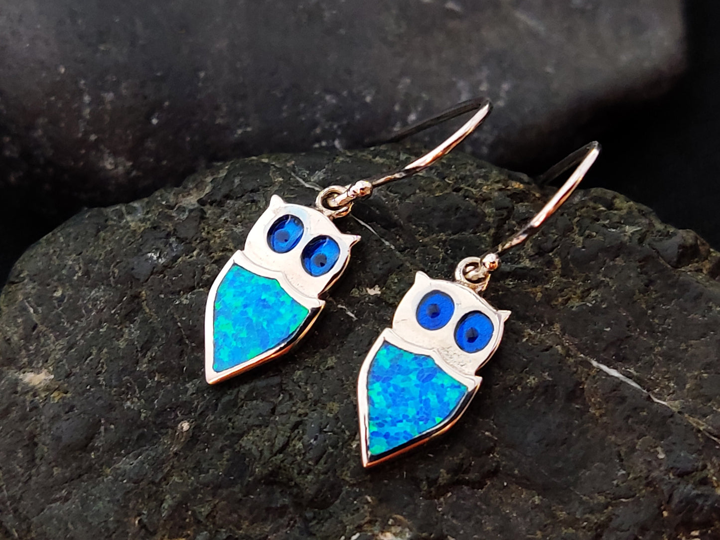 Sterling Silver 925 Ocean Blue Opal Greek Owl Dangle Small Earrings, Eule Schmuck, Griechisches Ohrringe, Bijoux Grecque, Bijoux Grecque