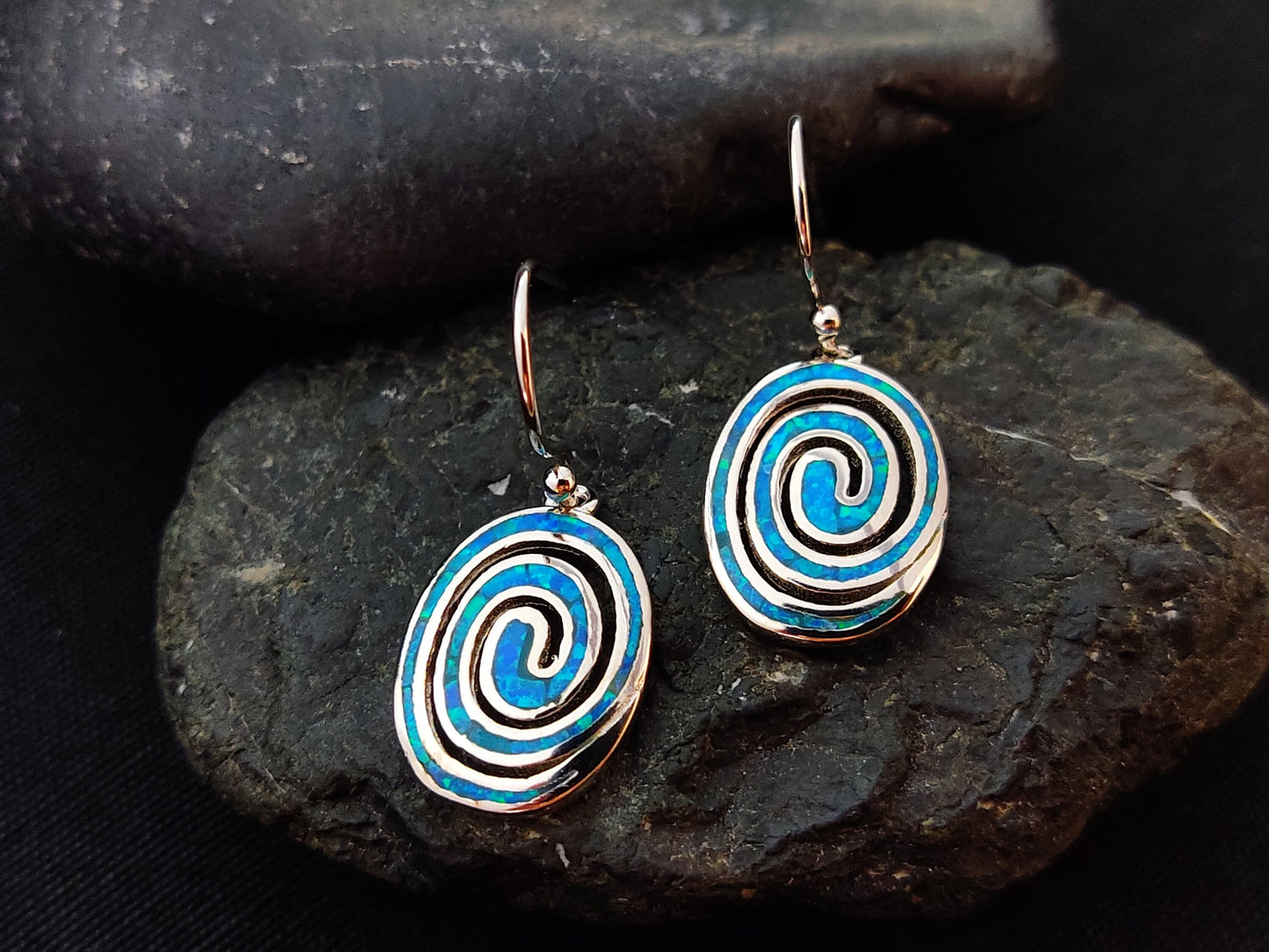 Sterling Silver 925 Greek Circle Of Life Spiral Blue Opal Dangle Earrings 15x12mm, Griechischer Blau Opal Ohrringe, Bijoux Grecque