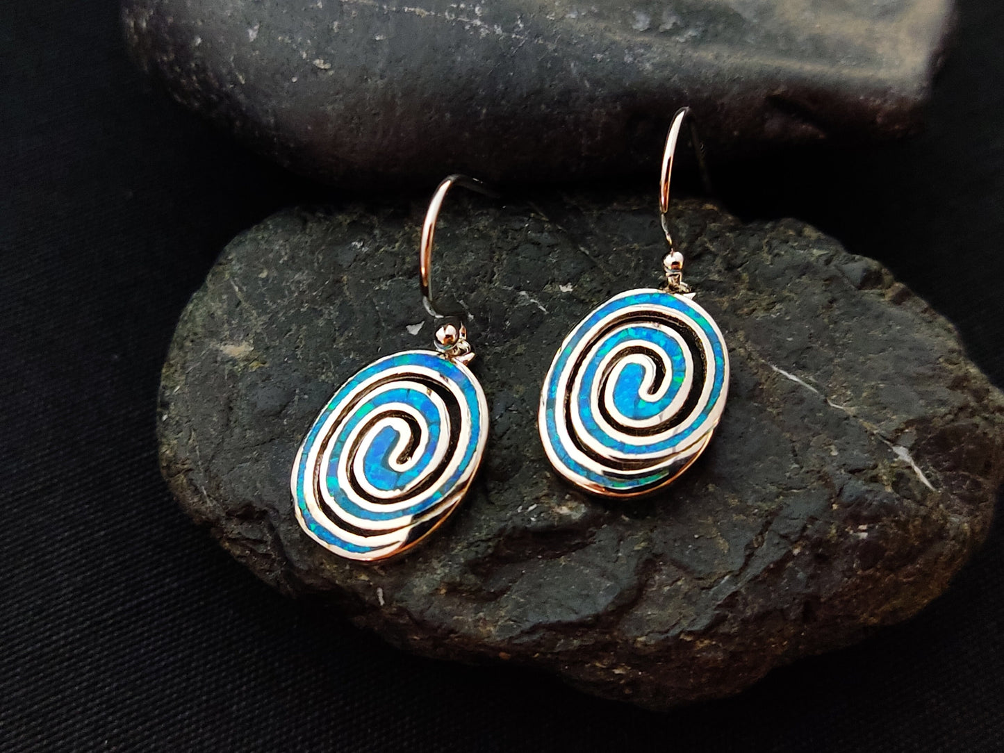 Sterling Silver 925 Greek Circle Of Life Spiral Blue Opal Dangle Earrings 15x12mm, Griechischer Blau Opal Ohrringe, Bijoux Grecque