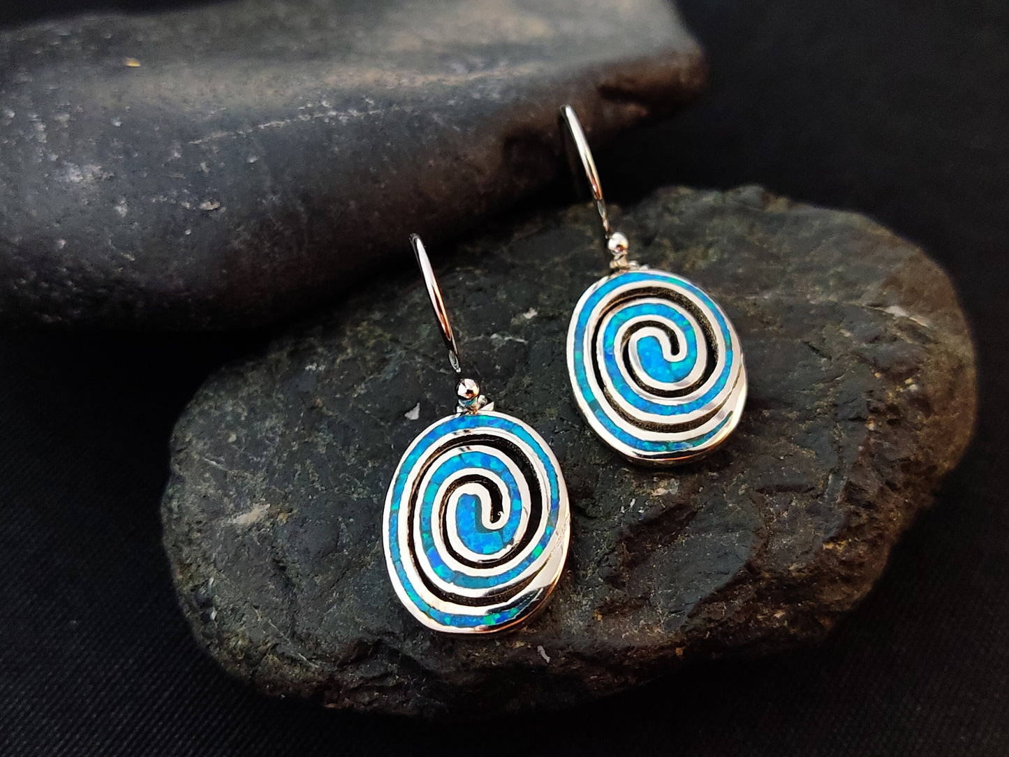 Sterling Silver 925 Greek Circle Of Life Spiral Blue Opal Dangle Earrings 15x12mm, Griechischer Blau Opal Ohrringe, Bijoux Grecque