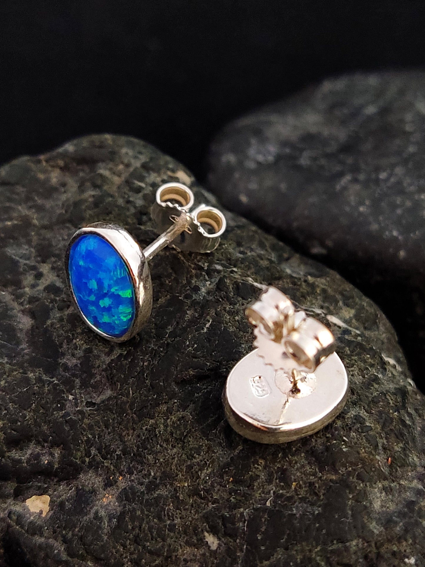Sterling Silver 925 Greek Oval Fire Blue Opal Stud Earrings 10x8mm, Greek Opal Jewelry, From Greece, Griechischer Opal Silber Ohrringe