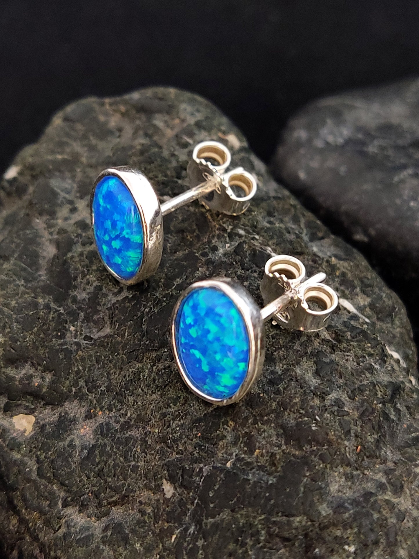 Sterling Silver 925 Greek Oval Fire Blue Opal Stud Earrings 10x8mm, Greek Opal Jewelry, From Greece, Griechischer Opal Silber Ohrringe