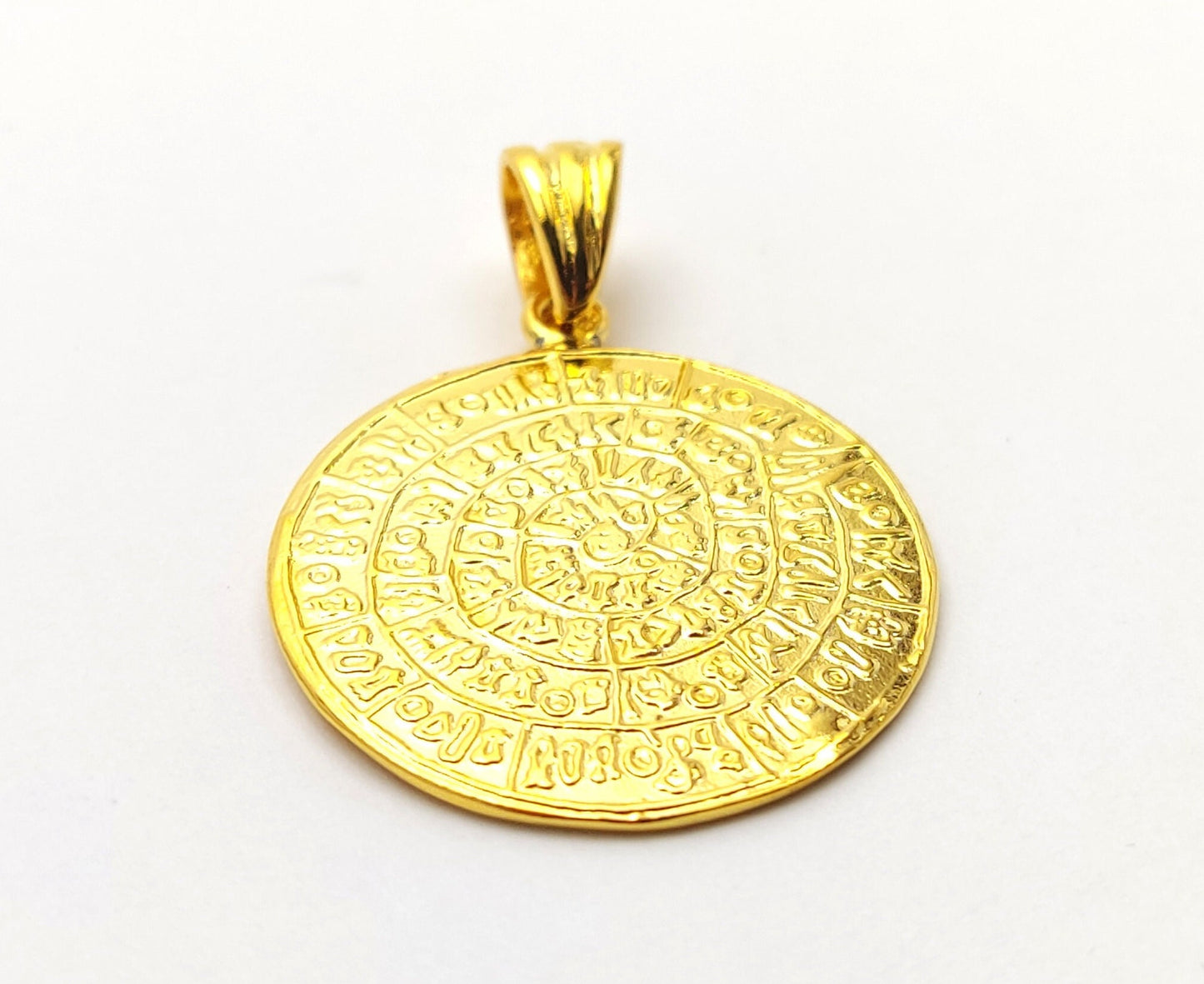 Sterling Silver 925 Minoan Phaistos Disc Gold Plated 22K Pendant 24mm, Greek Jewelry, Griechisches Anhanger Schmuck, Pendetif Grec Argent