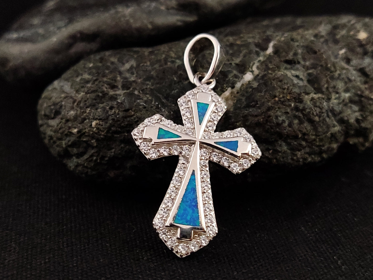 Sterling Silver 925 Greek Cross 17x24mm Opal Crystal Cross, Fire Opal Silver Pendant, Griechischer Blau Opal Kreuz ,Grece Grecque Croix