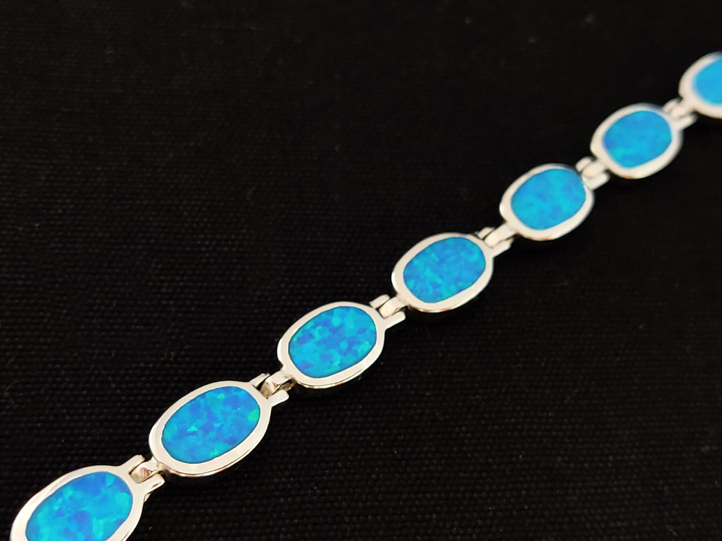 Sterling Silver 925 Fire Rainbow Blue Oval Opal Greek Bracelet, Bracelet Opal, Griechischer Silber Blau Opal Stein Brassard, Bijoux grecs