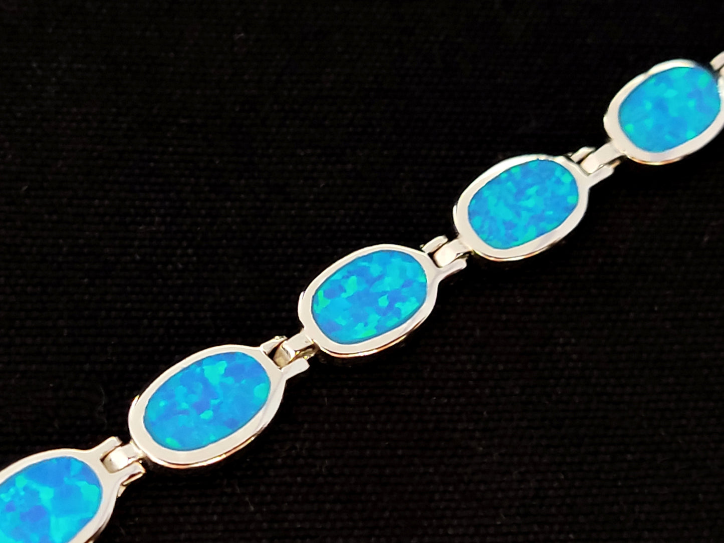 Sterling Silver 925 Fire Rainbow Blue Oval Opal Greek Bracelet, Bracelet Opal, Griechischer Silber Blau Opal Stein Brassard, Bijoux grecs