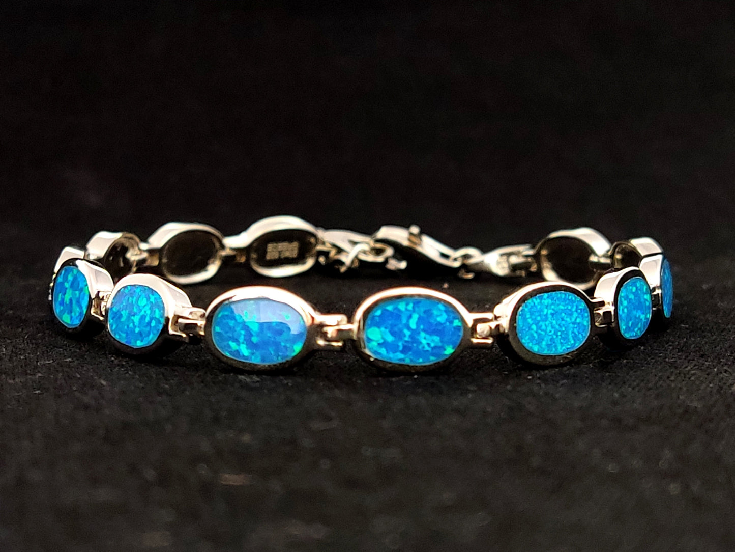 Sterling Silver 925 Fire Rainbow Blue Oval Opal Greek Bracelet, Bracelet Opal, Griechischer Silber Blau Opal Stein Brassard, Bijoux grecs