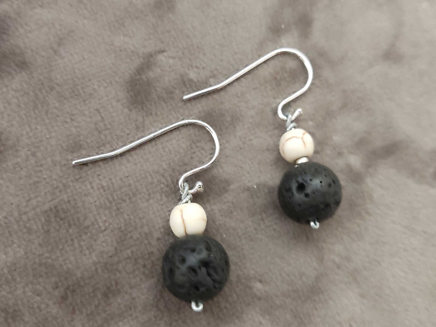 Greek Volcanic Black Lava Stones & White Howlite Dangle Earrings, Jewelry From Greece, Black White Earrings Jewelry, Sterling Silver 925