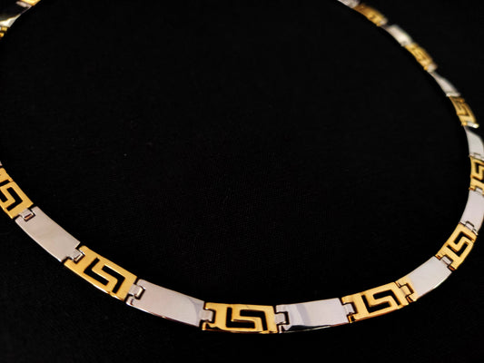 Sterling Silver 925 Bicolor Greek Key Meander Design Gold Plated Modern Necklace, Griechischer Silber Vergoldet Kette, Greek Jewelry Shop