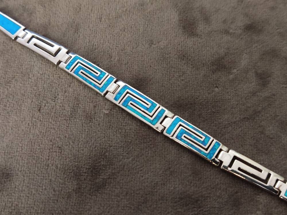 Sterling Silver 925 Ancient Greek Fine Bracelet Eternity Key Pattern - Fire Rainbow Opal Meander, Griechische Opal Armband , Greek Jewelry