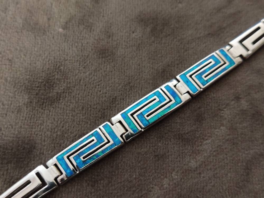 Sterling Silver 925 Ancient Greek Fine Bracelet Eternity Key Pattern - Fire Rainbow Opal Meander, Griechische Opal Armband , Greek Jewelry
