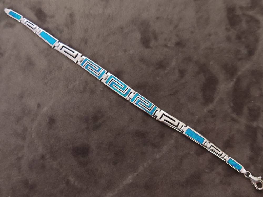 Sterling Silver 925 Ancient Greek Fine Bracelet Eternity Key Pattern - Fire Rainbow Opal Meander, Griechische Opal Armband , Greek Jewelry