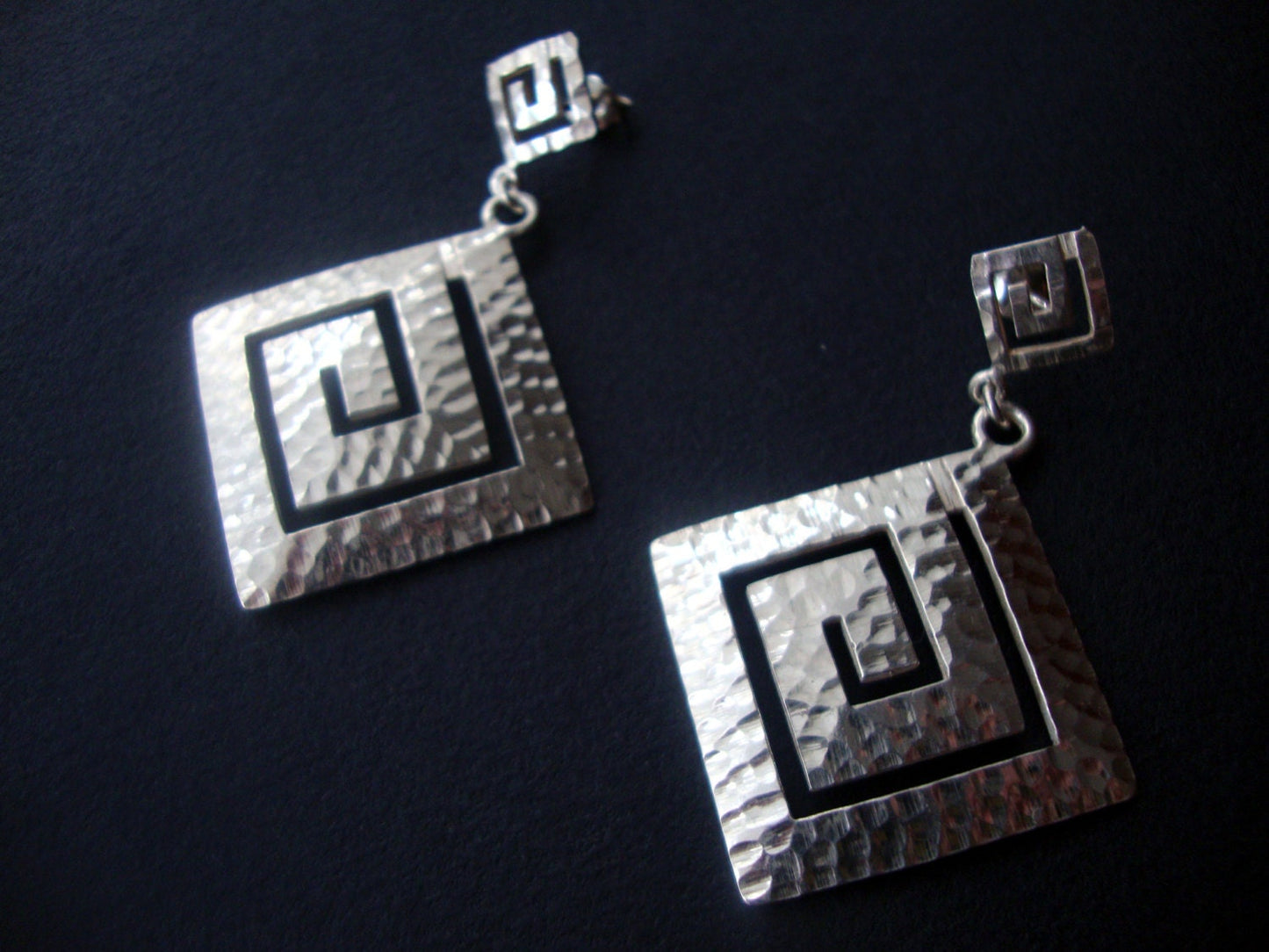 Greek spiral square design hammered earrings Sterling Silver 925