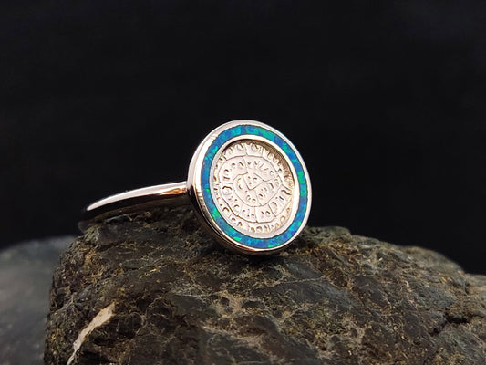 Sterling Silver 925 Ocean Blue Opal Round Phaistos Disc Ring 11mm, Griechischer Silber Schmuck, Bijoux De Grece, Opal Rings, Opal Stone