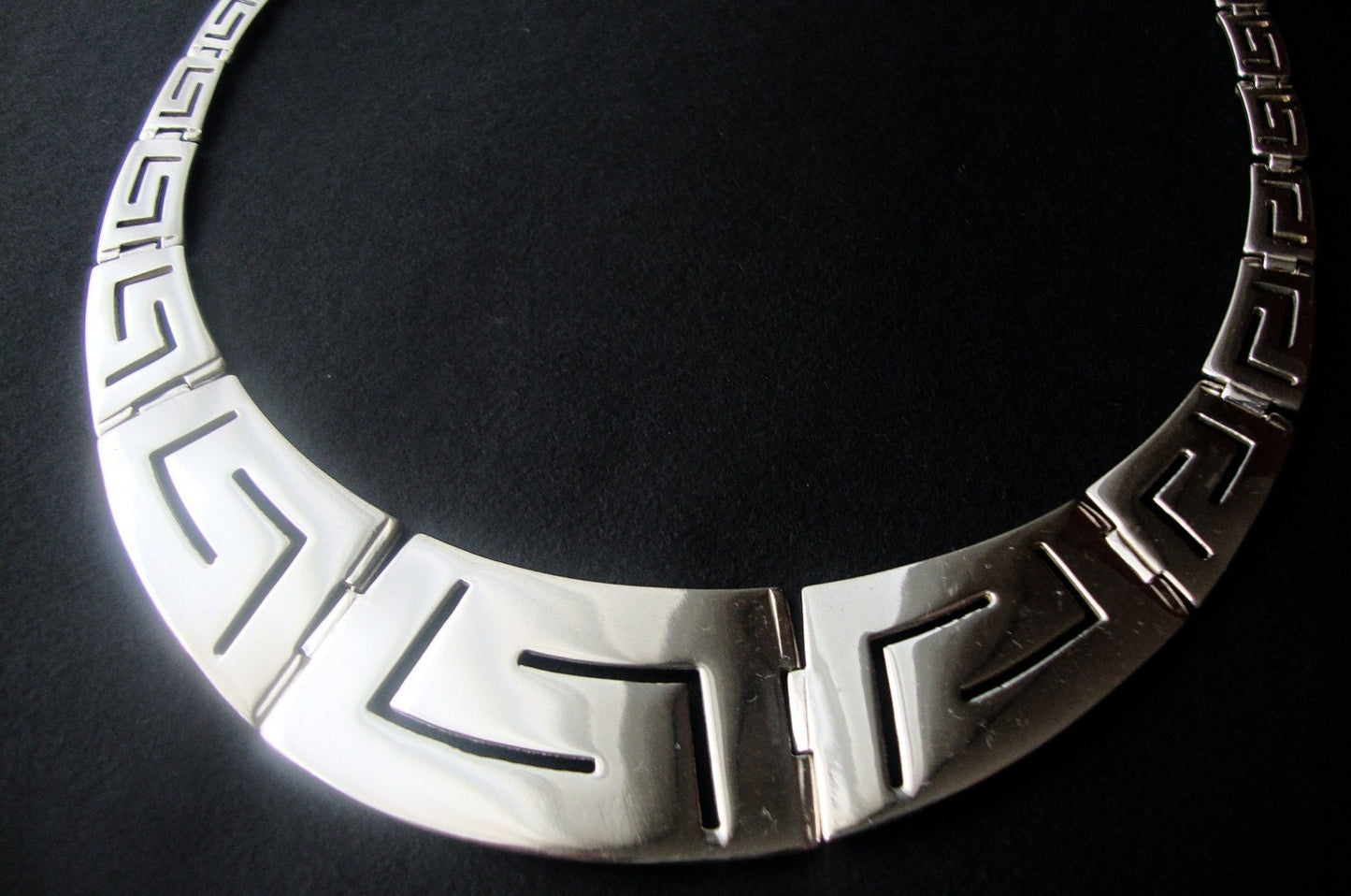 Greek Silver Wide Necklace on black ground
