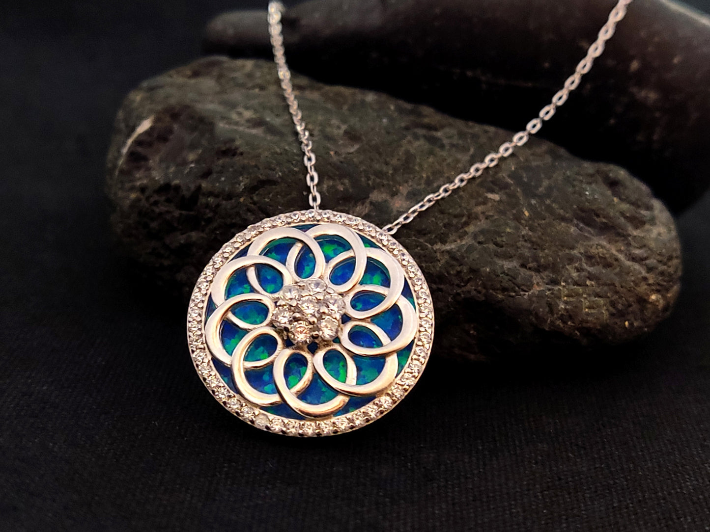 Sterling Silver 925 Blue Opal Mandala Dream Trap Penadnt Necklace 21mm , Opal Chain Pendant, Greek Jewelry, Griechischer Opal Kette, Grecque