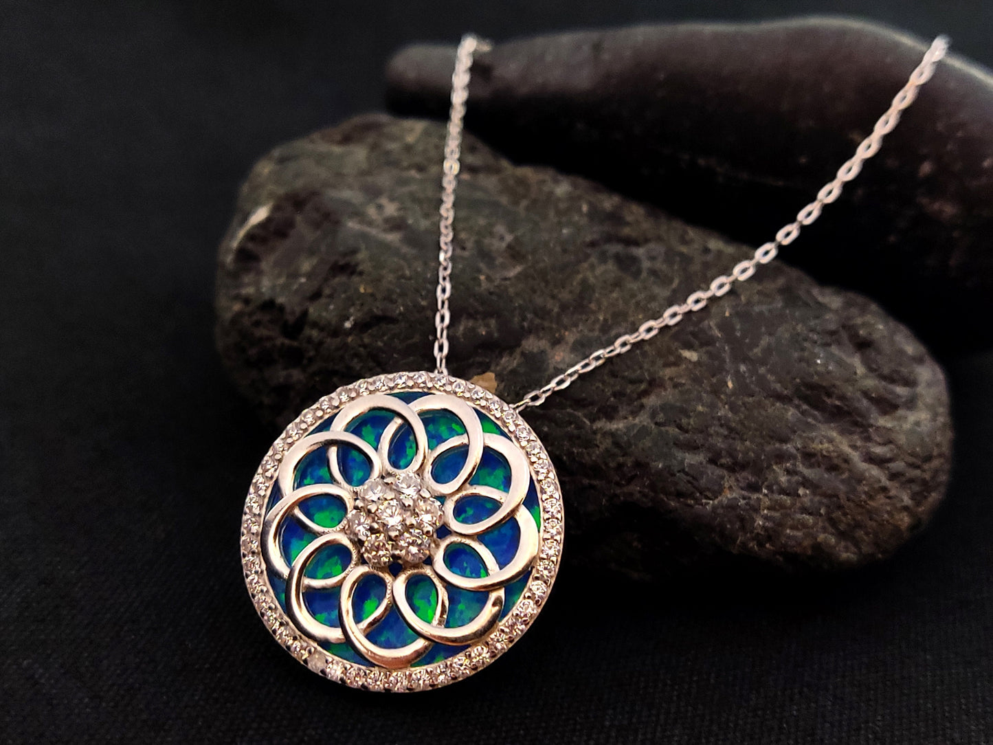 Sterling Silver 925 Blue Opal Mandala Dream Trap Penadnt Necklace 21mm , Opal Chain Pendant, Greek Jewelry, Griechischer Opal Kette, Grecque
