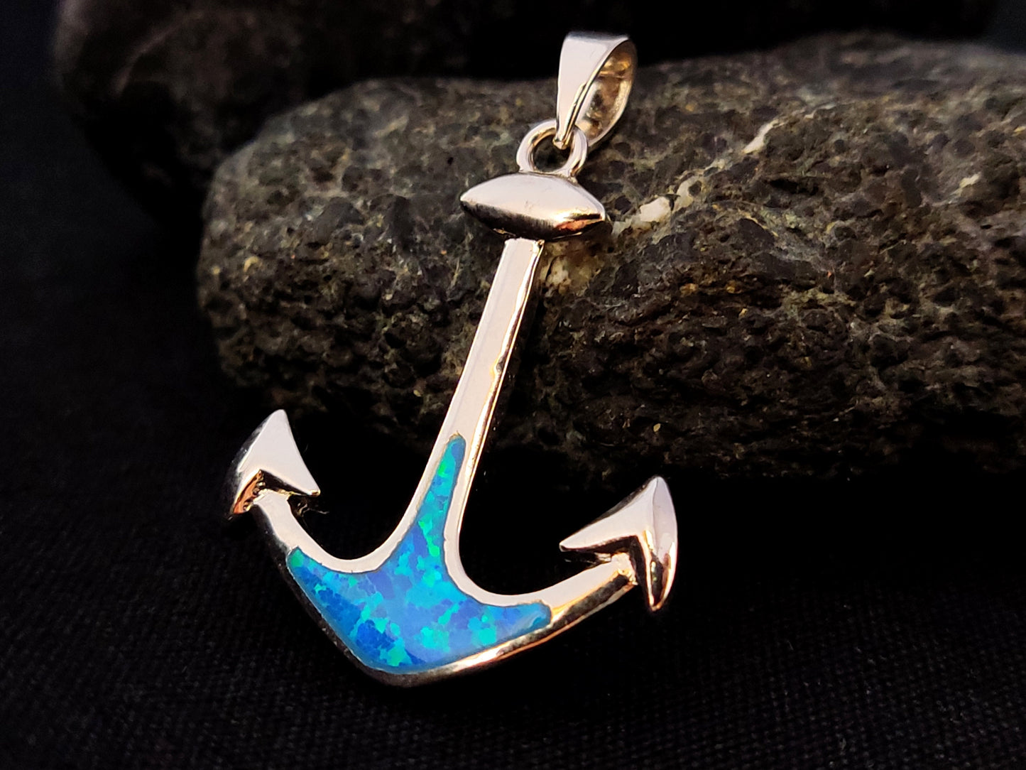 Sterling Silver 925 Blue Opal Anchor Greek Sea Navy Pendant 30x23mm, Opal Stones, Greek Jewelry, Griechisches Opal Anhanger, Minoan Grec