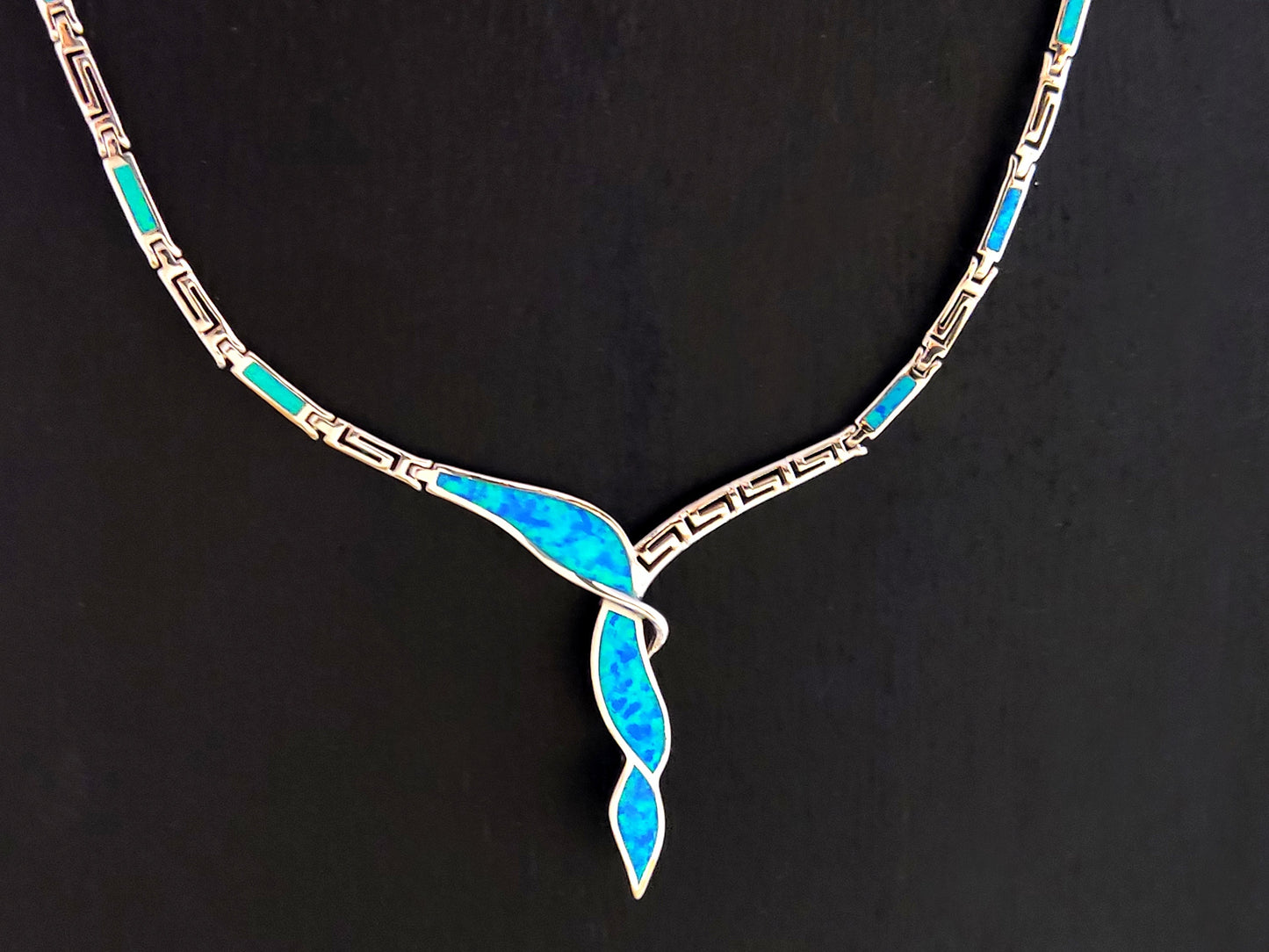 Silver Greek Opal Necklace, Blue Opal Greek Key Weaved Meander Necklace ,Griechischer Opal Silber Kette, Bijoux Grecque, Greek Jewelry