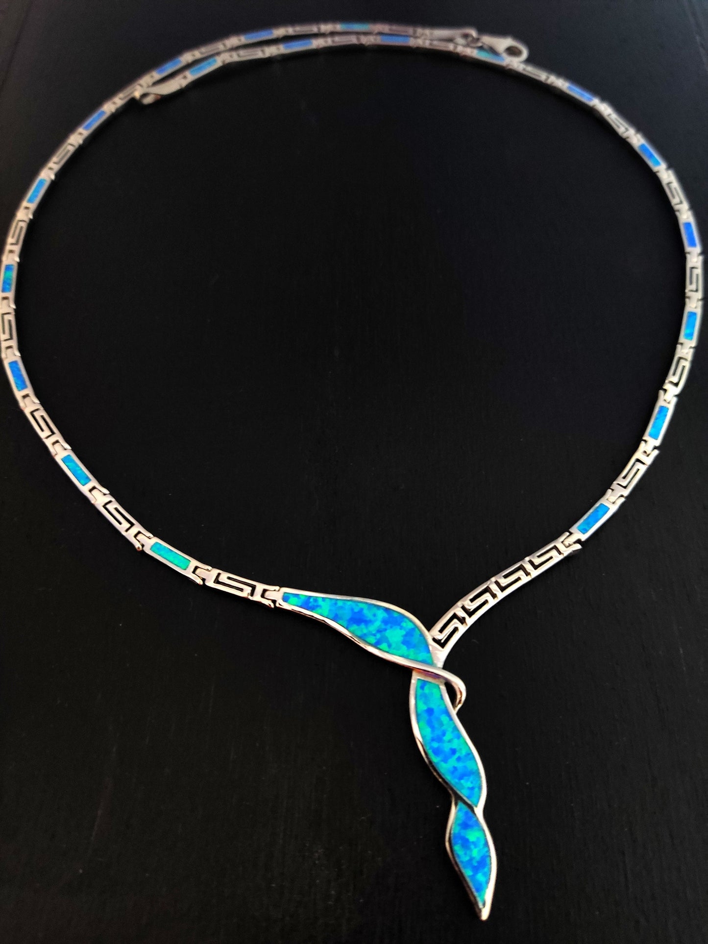 Silver Greek Opal Necklace, Blue Opal Greek Key Weaved Meander Necklace ,Griechischer Opal Silber Kette, Bijoux Grecque, Greek Jewelry