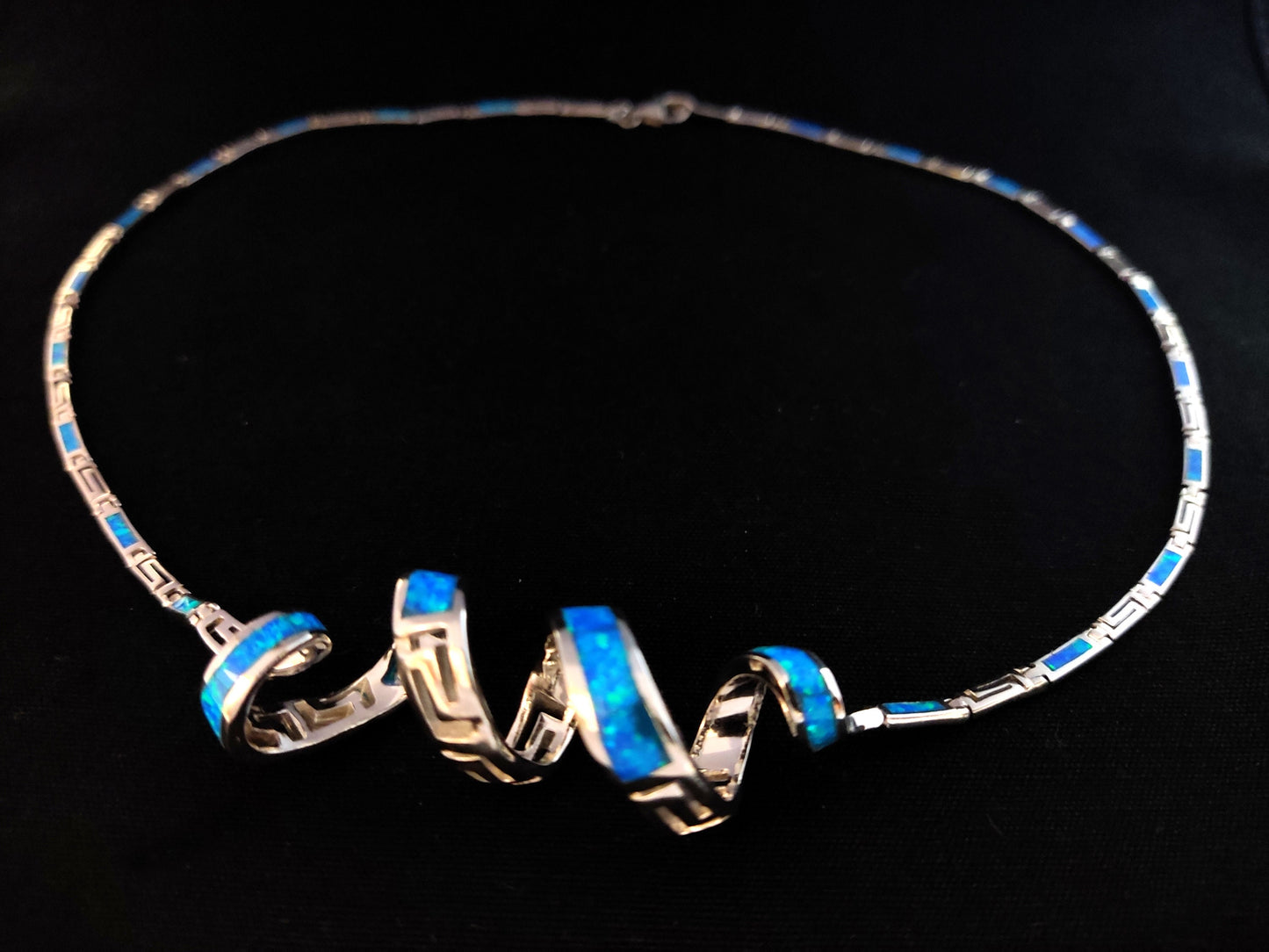 Silver Greek Opal Necklace, Blue Opal Greek Key Meander Twirling Necklace ,Griechischer Opal Silber Kette, Bijoux Grecque, Greek Jewelry
