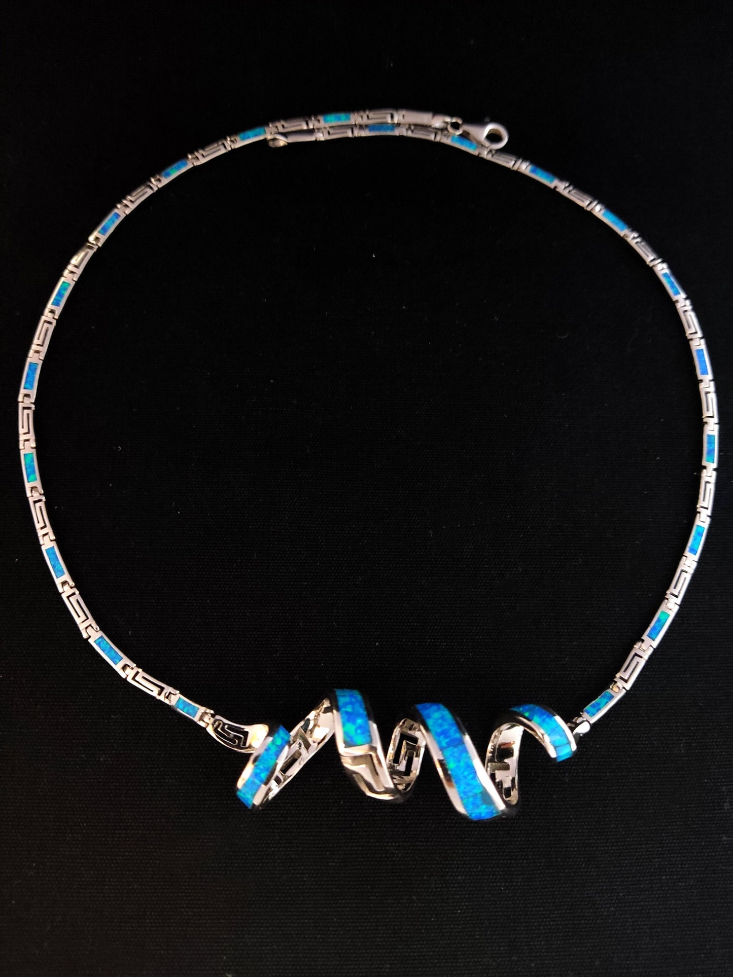 Silver Greek Opal Necklace, Blue Opal Greek Key Meander Twirling Necklace ,Griechischer Opal Silber Kette, Bijoux Grecque, Greek Jewelry
