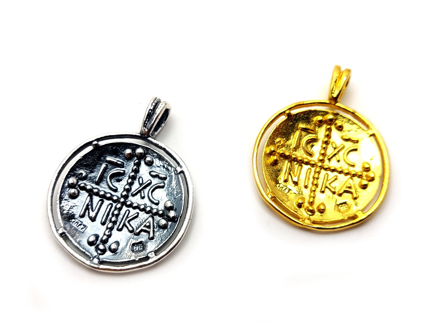 Sterling Silver 925 Handmade Byzantine Greek Gold Plated Cross, Coin IC-XC-NIKA Konstantinato 25mm , Good Luck Charm, Men Women Kids Cross