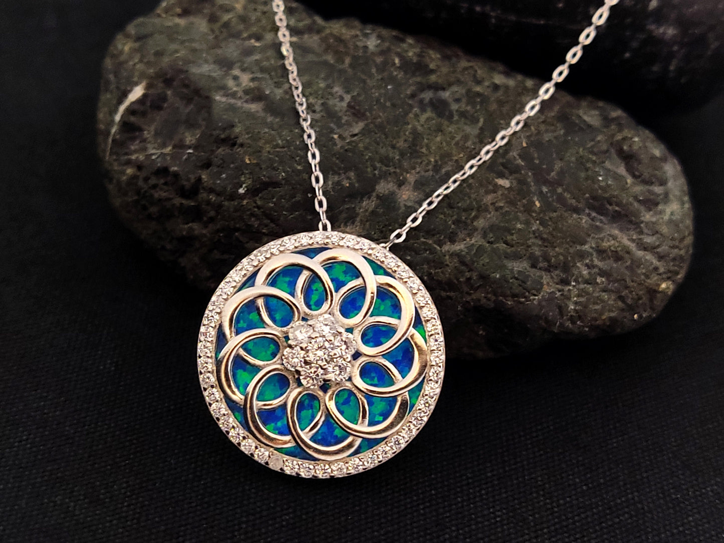 Sterling Silver 925 Blue Opal Mandala Dream Trap Penadnt Necklace 21mm , Opal Chain Pendant, Greek Jewelry, Griechischer Opal Kette, Grecque