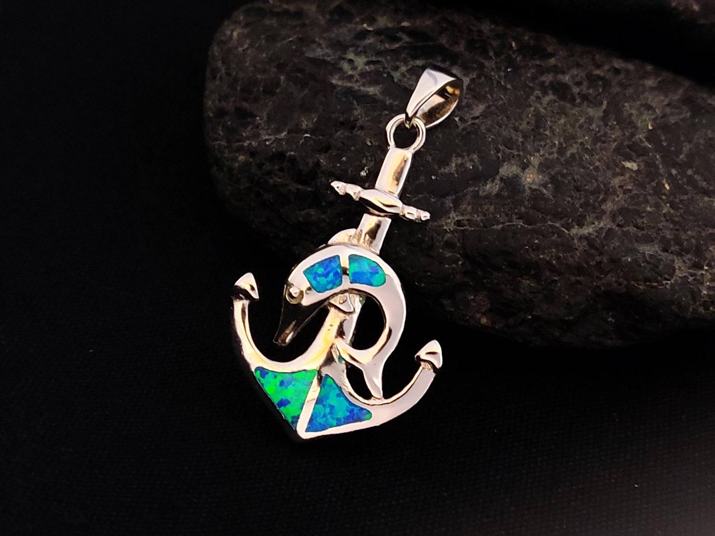 Sterling Silver 925 Blue Opal Anchor Dolphin Greek Pendant 30x19mm, Opal Stones, Greek Jewelry, Griechisches Opal Anhanger, Minoan Grec