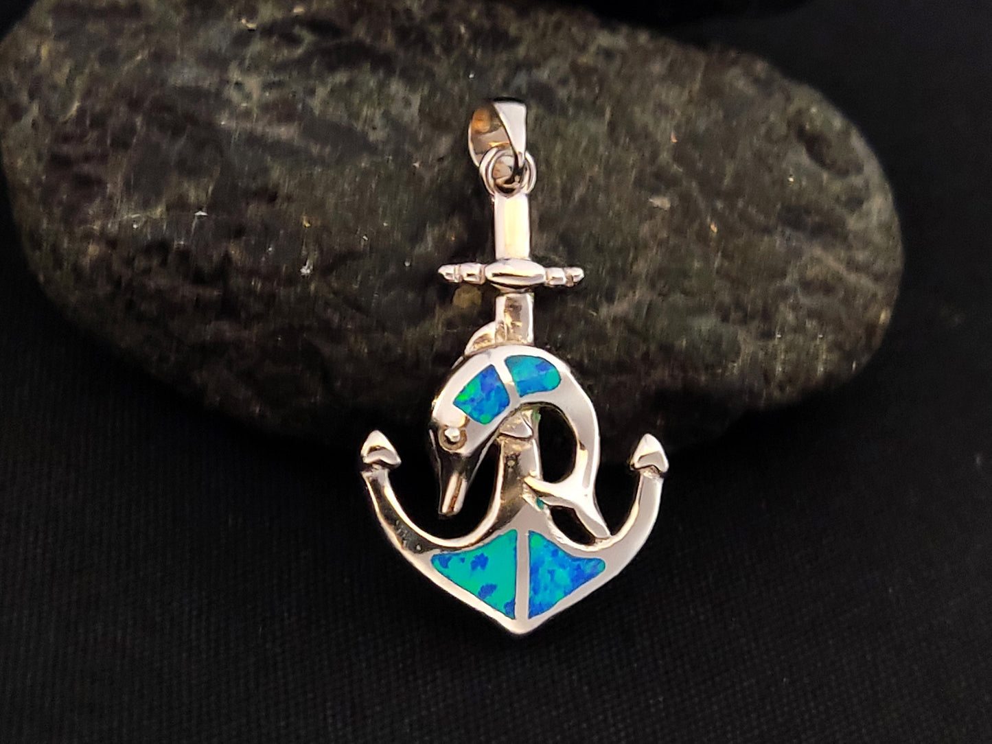 Sterling Silver 925 Blue Opal Anchor Dolphin Greek Pendant 30x19mm, Opal Stones, Greek Jewelry, Griechisches Opal Anhanger, Minoan Grec
