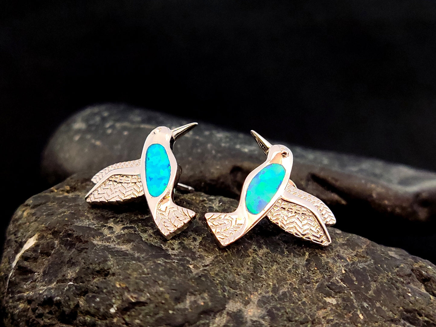 Sterling Silver 925 Blue Opal Humming Colibri Love Bird Earrings 17x15mm , Opal Stud Earrings, Greek Women Jewelry, Griechische Ohrringe