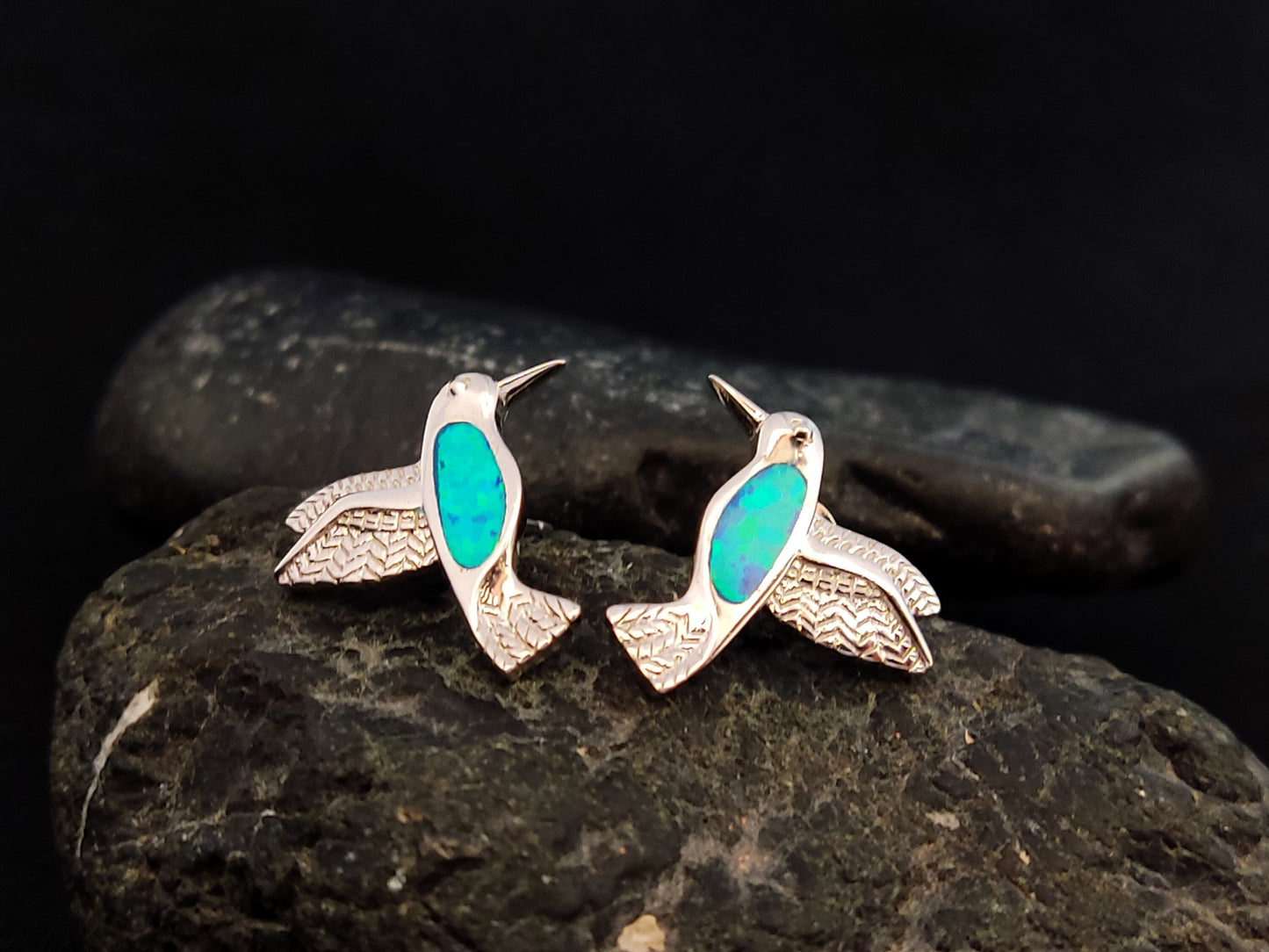Sterling Silver 925 Blue Opal Humming Colibri Love Bird Earrings 17x15mm , Opal Stud Earrings, Greek Women Jewelry, Griechische Ohrringe