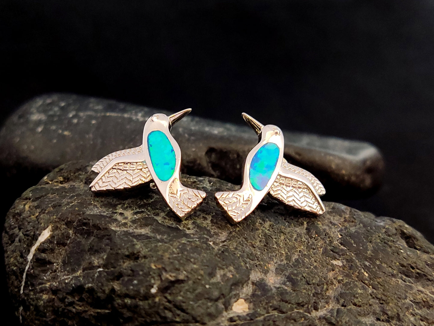 Sterling Silver 925 Blue Opal Humming Colibri Love Bird Earrings 17x15mm , Opal Stud Earrings, Greek Women Jewelry, Griechische Ohrringe