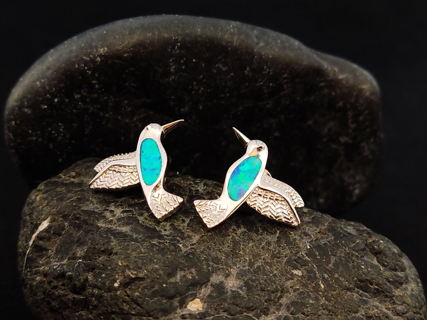 Sterling Silver 925 Blue Opal Humming Colibri Love Bird Earrings 17x15mm , Opal Stud Earrings, Greek Women Jewelry, Griechische Ohrringe