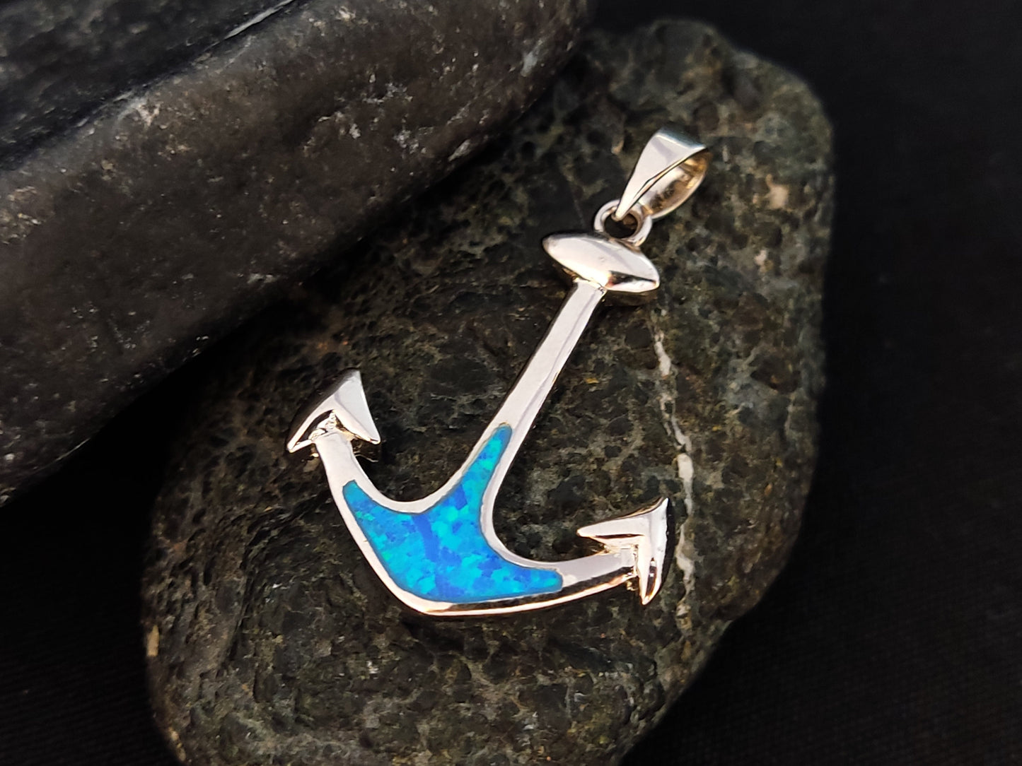 Sterling Silver 925 Blue Opal Anchor Greek Sea Navy Pendant 30x23mm, Opal Stones, Greek Jewelry, Griechisches Opal Anhanger, Minoan Grec