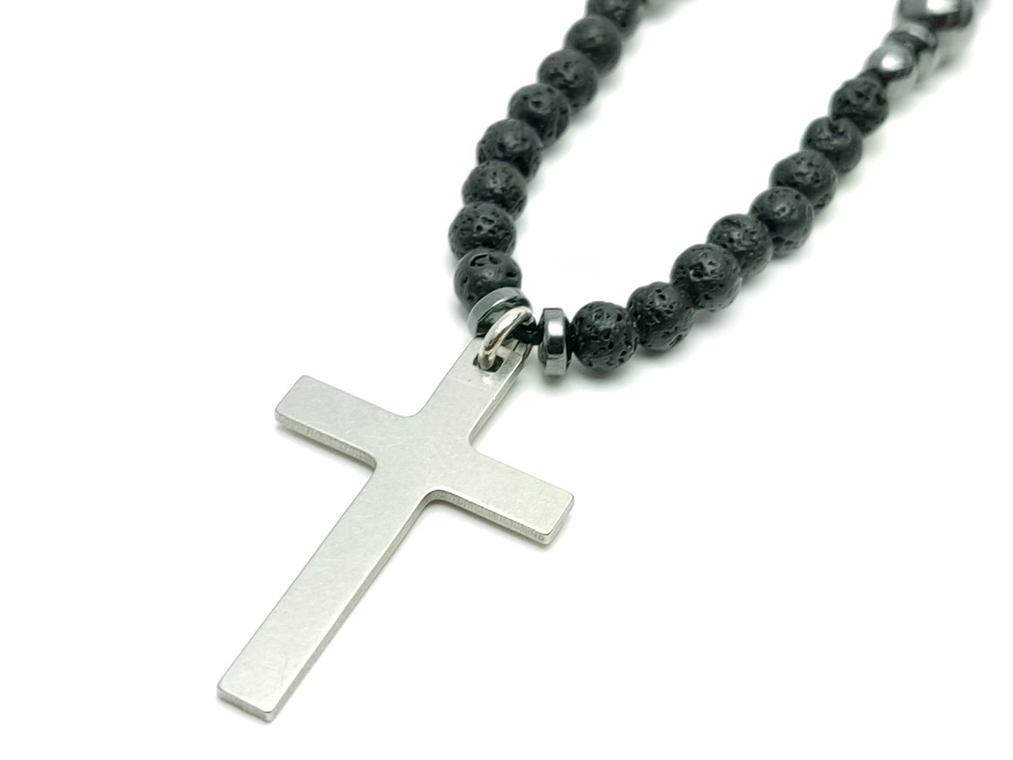 Long Lava Stones Cross Necklace 70cm - 27.3inch, Men Women Black Volcanic Stones Hematite Necklace, Stainless Steel Cross, Santorini Jewelry