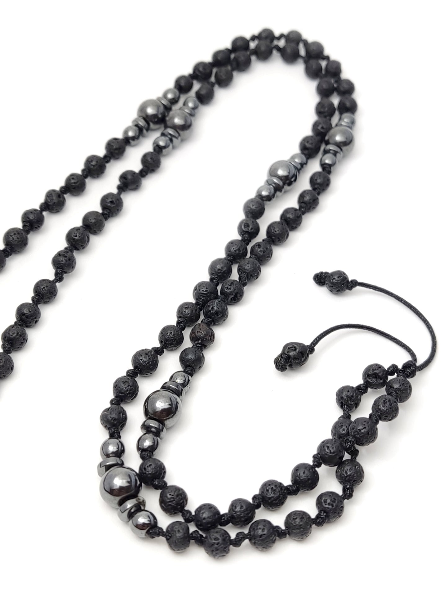 Long Lava Stones Cross Necklace 70cm - 27.3inch, Men Women Black Volcanic Stones Hematite Necklace, Stainless Steel Cross, Santorini Jewelry