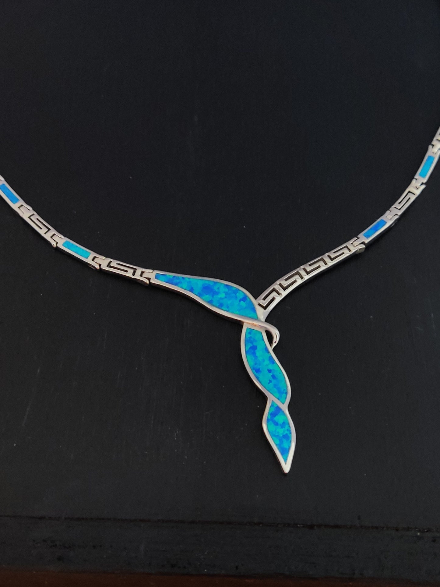 Silver Greek Opal Necklace, Blue Opal Greek Key Weaved Meander Necklace ,Griechischer Opal Silber Kette, Bijoux Grecque, Greek Jewelry
