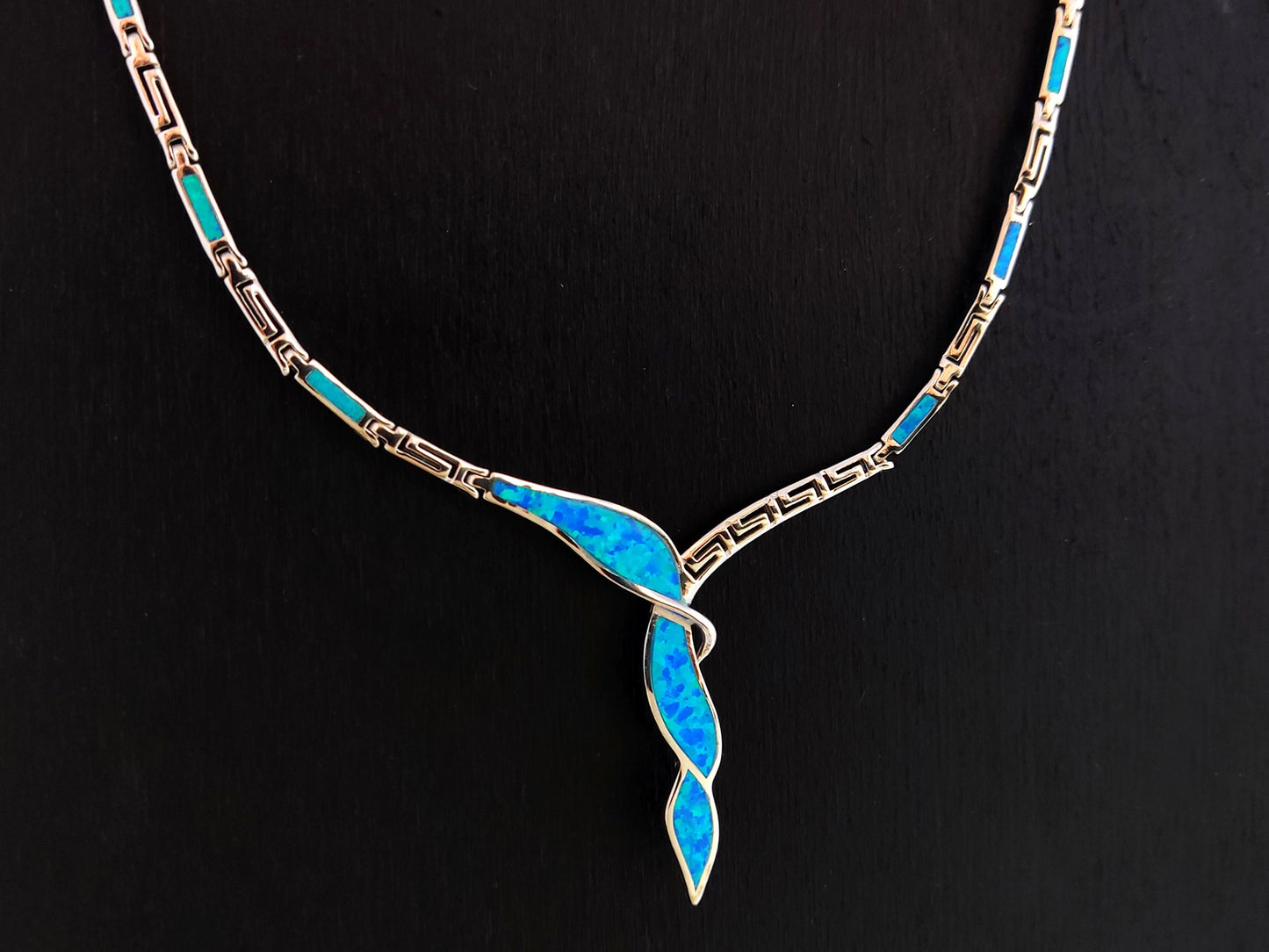 Silver Greek Opal Necklace, Blue Opal Greek Key Weaved Meander Necklace ,Griechischer Opal Silber Kette, Bijoux Grecque, Greek Jewelry
