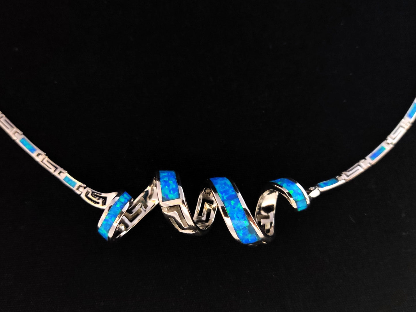 Silver Greek Opal Necklace, Blue Opal Greek Key Meander Twirling Necklace ,Griechischer Opal Silber Kette, Bijoux Grecque, Greek Jewelry