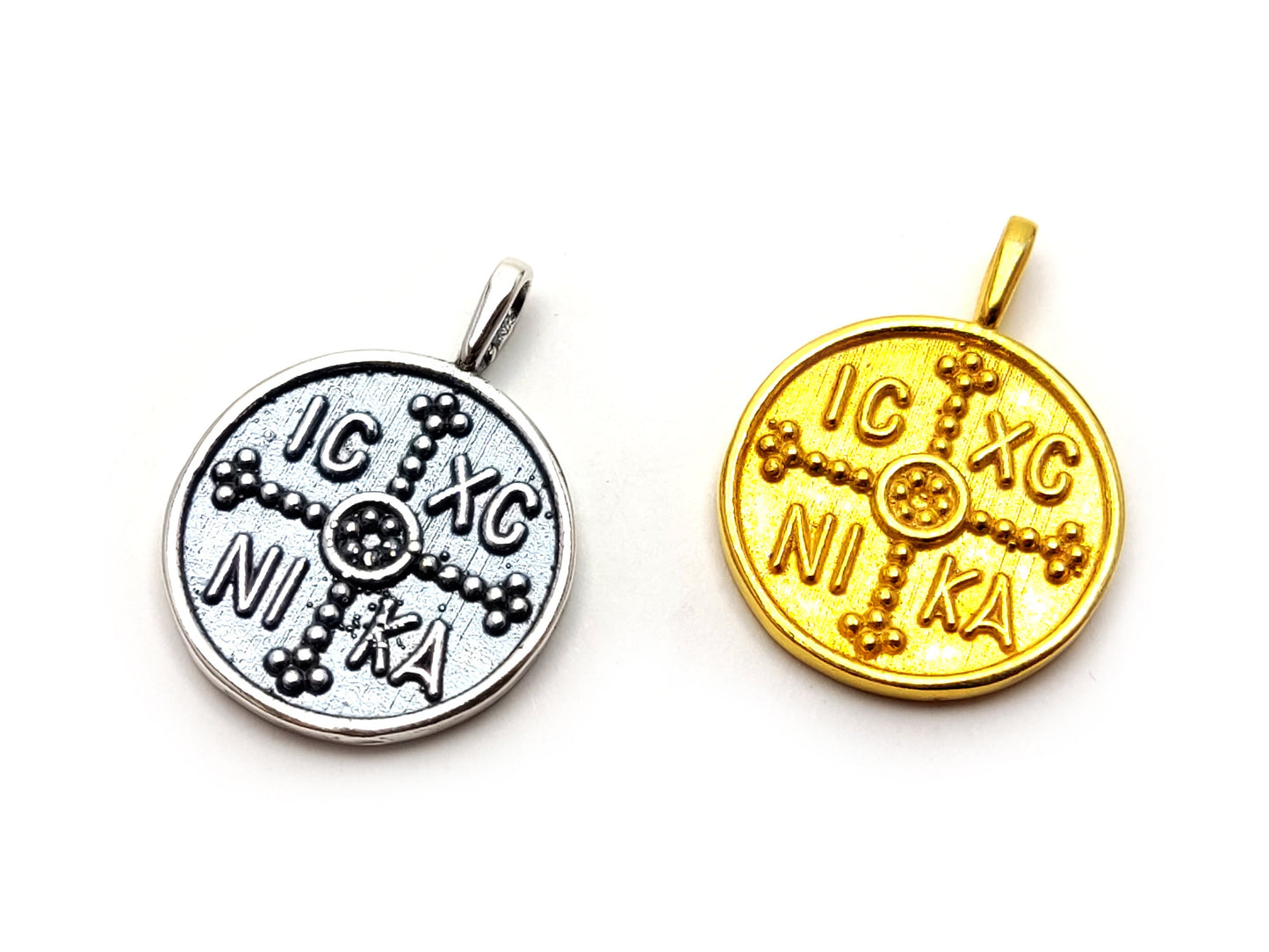 Sterling Silver 925 Handmade Byzantine Greek Gold Plated Cross, Coin IC-XC-NIKA Konstantinato 19mm , Good Luck Charm, Men Women Kids Cross