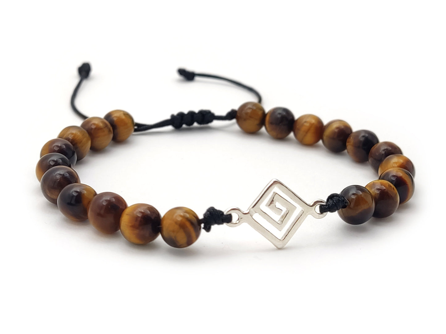 Greek Silver Bracelet, Tiger Eye Jewelry, Meander Bracelet Made With Natural Tiger Eye Stones 6mm, Griechischer Silber Armband, Bijoux Grece