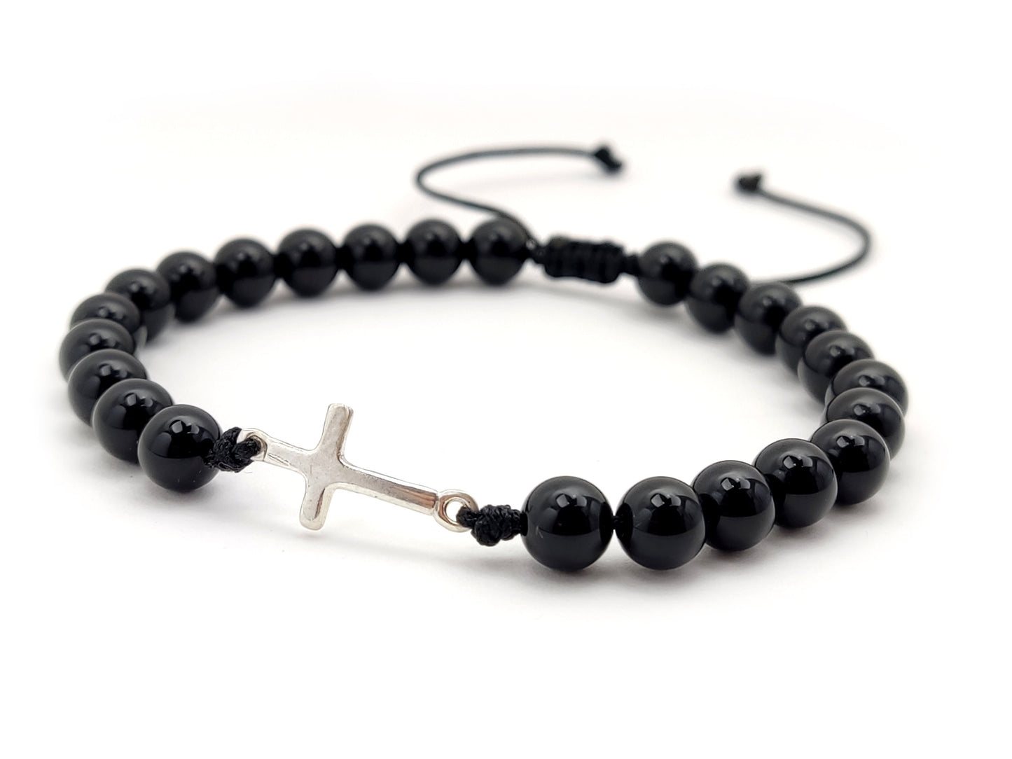 Greek Silver Bracelet, Onyx Jewelry, Silver Cross Bracelet Made With Natural Onyx Black Stones 6mm, Griechischer Silber Armband, Adjustable